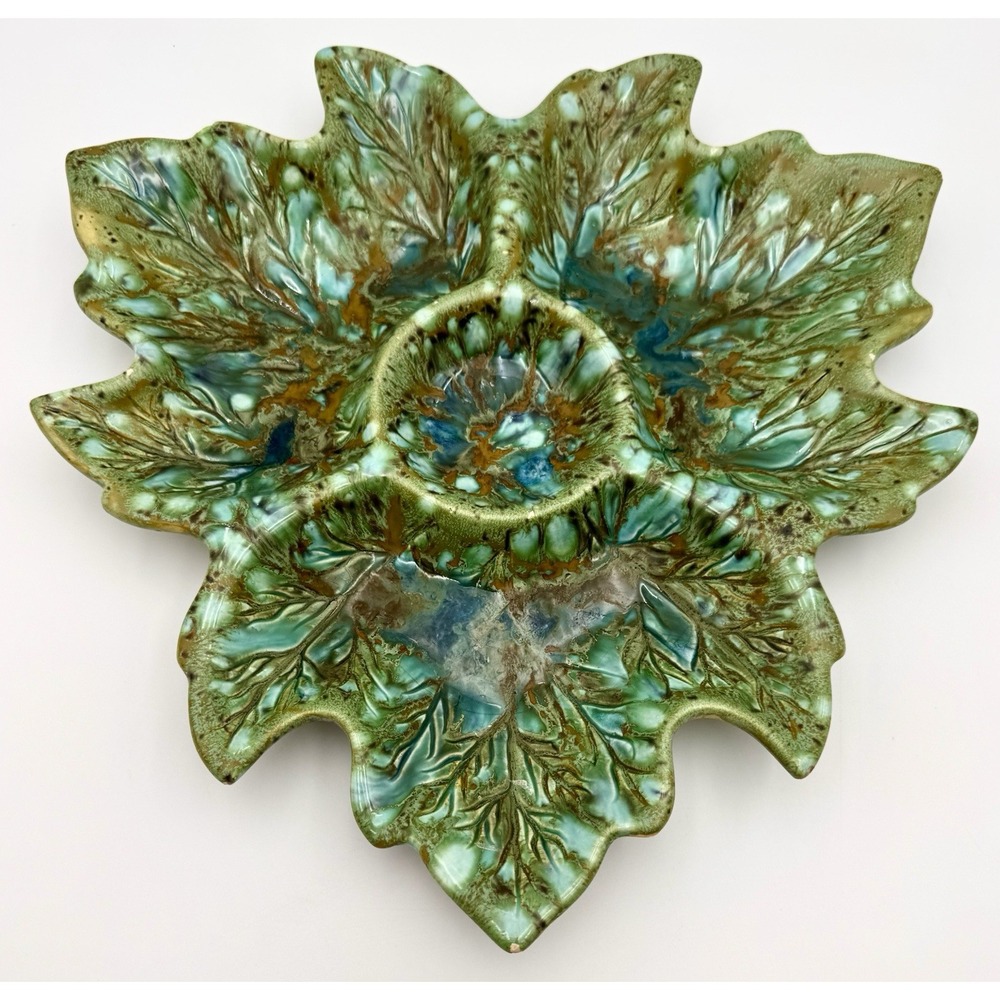 Vintage Ceramic Maple Leaf Chip Dip Platter Green Blue MCM Drip Glaze 15" Fall